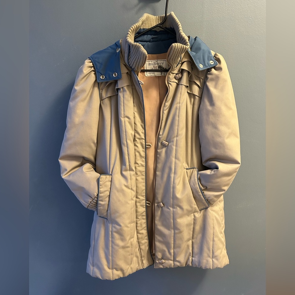 Mulberry Street Beige Coat with Blue Accents